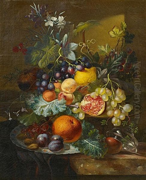 Fruchtestillleben Mit Trauben, Orange, Zitrone Und Granatapfel Auf Marmorierter Oil Painting by Albertus Steenbergen