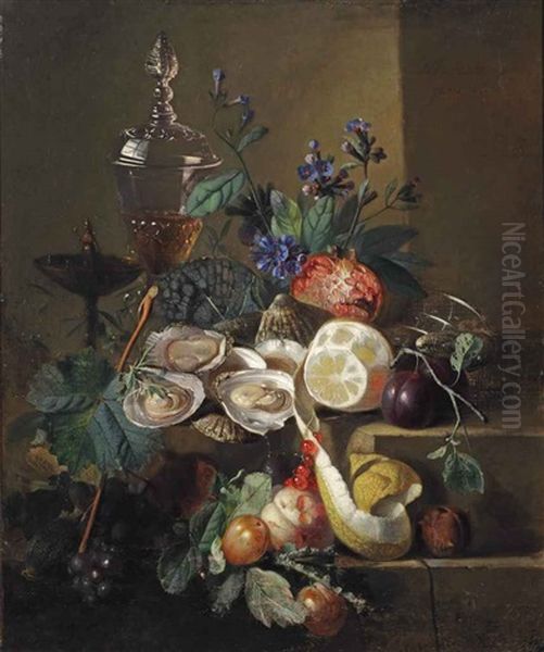 An Opulent Still Life Of Oysters, A Lemon, Pomegranate And A Crystal Wine Cup Oil Painting by Albertus Steenbergen