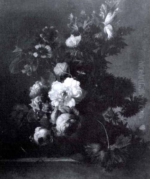 Still Life Of Flowers In A Vase On Marble Ledge Oil Painting by Albertus Steenbergen