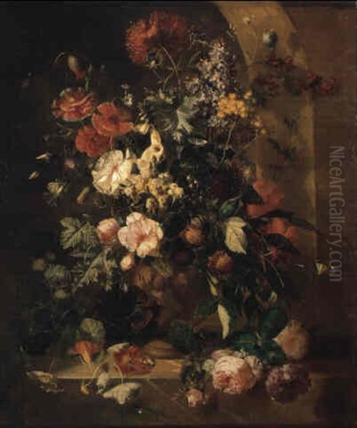 Still Life Of Roses, Opium Poppies...in Terra Cotta Vase On A Ledge Oil Painting by Albertus Steenbergen