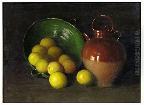 Still-life With Stoneware Jug And Lemons Oil Painting by Gerard L. Steenks