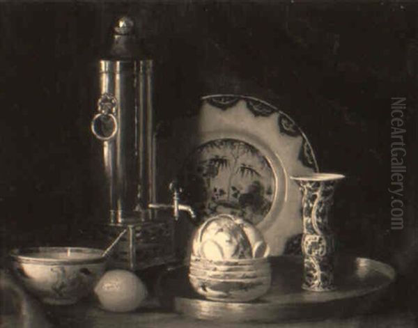 Still Life With Porcelain, Copper Coffee Holder And A Lemon Oil Painting by Gerard L. Steenks