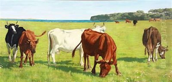 Grazing Cows Oil Painting by J. Resen Steenstrup