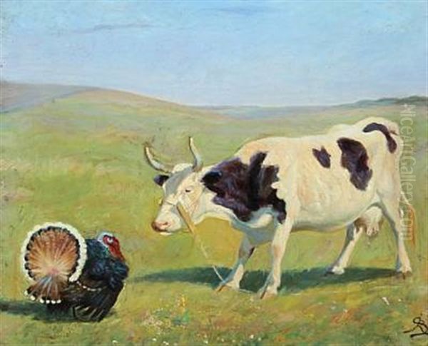 Scenery From The Island Fur With A Cow And A Turkey Oil Painting by J. Resen Steenstrup