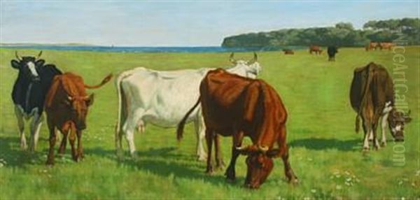 Grazing Cows Oil Painting by J. Resen Steenstrup