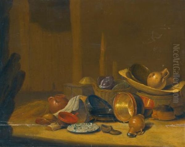 A Barn Interior With Cabbages In A Basket, A Strainer And A Westerwald Stoneware Jug In A Wooden Washing Tub On A Barrel With Copper Buckets, Pots And Pans, A Jug, A Shoe And A Chinese Plate Nearby Oil Painting by Pieter van Steenwijck