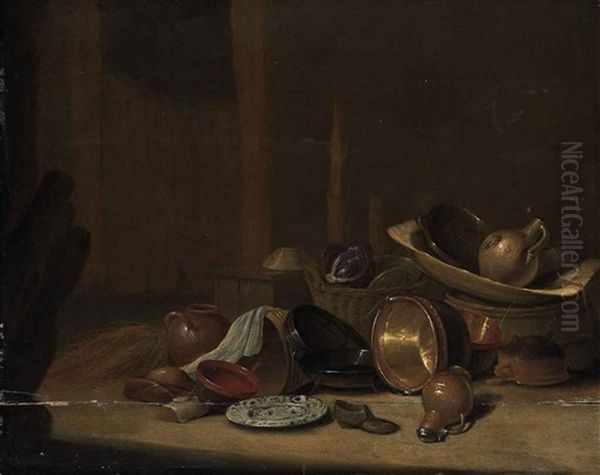 Cabbages In A Basket, A Strainer And An Earthenware Jug In A Wooden Washtub On A Barrel, With Copper Buckets, Pots And Pans... Oil Painting by Pieter van Steenwijck