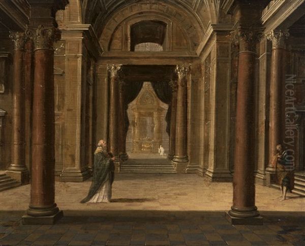 A Church Interior With Figures Oil Painting by Hendrik Van Steenwijk