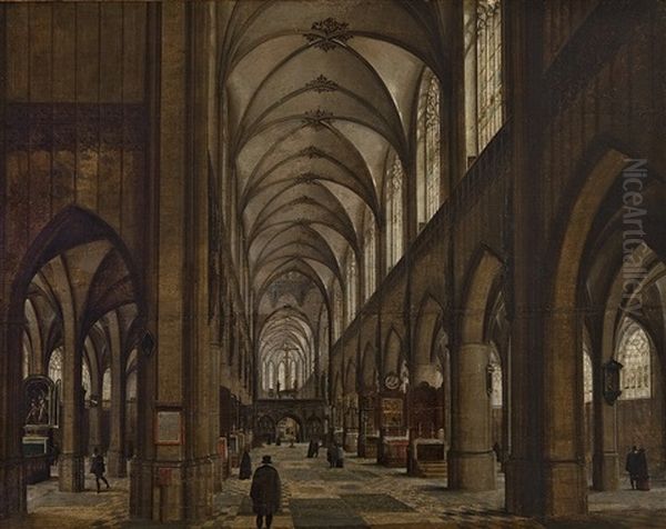 Gothic Catholic Cathedral With Figures. Possibly The Cathedral In Antwerp Oil Painting by Hendrik Van Steenwijk