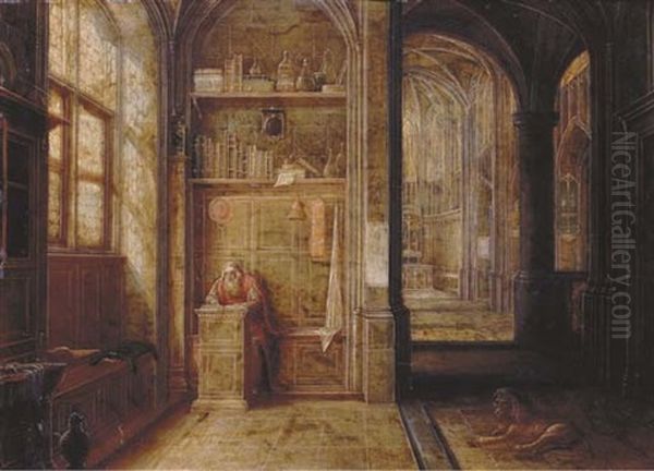 Saint Jerome In A Church Interior Oil Painting by Morten Van Steenwinkel