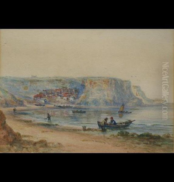 Runswick, 
Beach Scene With Figures In A Boat And Walking, 
Houses In A Cove In The Distance Oil Painting by John Francis Branegan