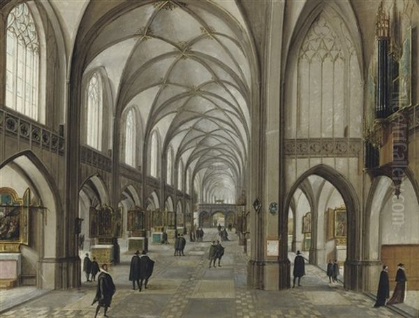 A Gothic Church Interior With Elegantly Dressed Figures Oil Painting by Hendrick van Steenwyck the Elder