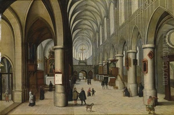 A Church Interior With Figures Strolling Oil Painting by Hendrick van Steenwyck the Elder