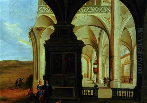 An Elegant Couple In The Interior Of A Partially Ruined Church Oil Painting by Hendrick van Steenwyck the Elder