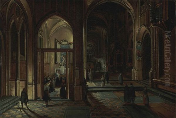 Interior Of A Cathedral At Night With A Priest Celebrating Mass Oil Painting by Hendrick van Steenwyck the Younger