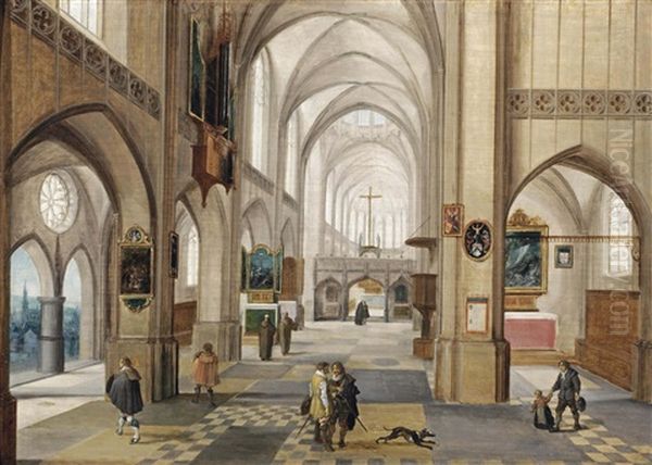 The Interior Of A Gothic Church With Gentlemen Conversing Oil Painting by Hendrick van Steenwyck the Younger