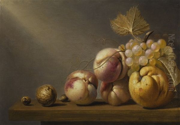 A Still Life Of A Quince, Grapes, Peaches, A Walnut, And Hazelnuts On A Wooden Ledge Oil Painting by Harmen Steenwyck