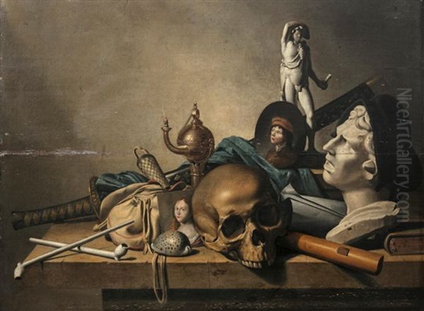 Still Life Of A Sculptural Bust, A Skull, An Oil Lamp And Other Items On A Stone Ledge Oil Painting by Harmen Steenwyck