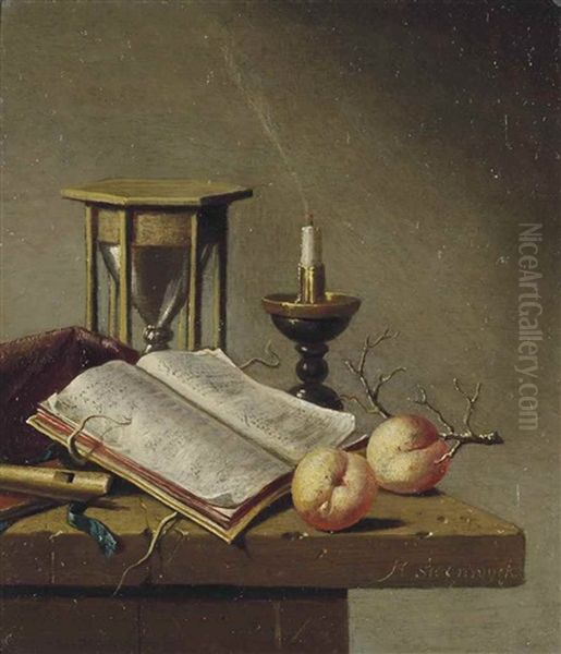 An Hourglass, Flute, Open Book, Candle And Peaches On A Wooden Ledge Oil Painting by Harmen Steenwyck