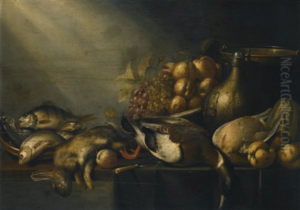 Still Life With A Dead Hare And Duck, Fish, Vegetables And An Earthenware Flagon, On A Draped Table Oil Painting by Harmen Steenwyck