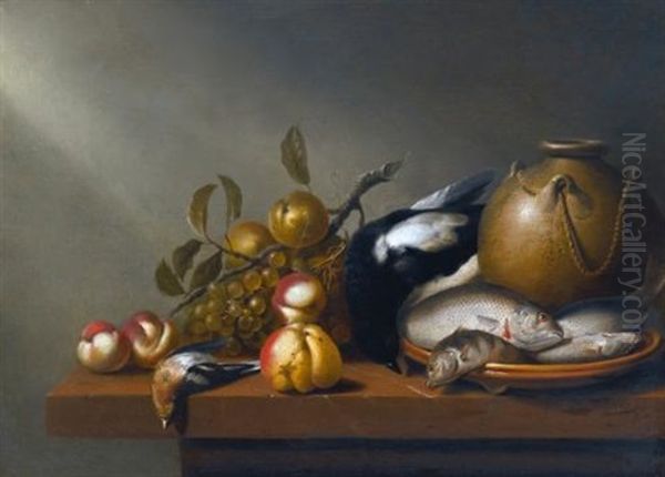 Still Life Of Fruit, Fresh-water Fish On An Earthenware Platter, Birds And A Stoneware Pot All Arranged On A Ledge Oil Painting by Harmen Steenwyck