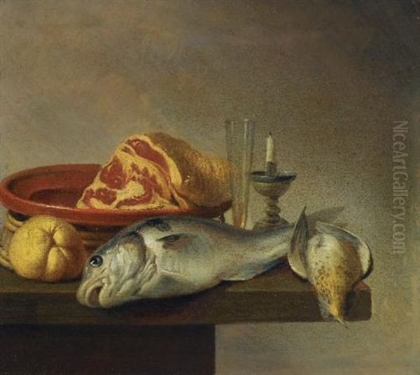 Still Life With A Ham, A Fish, A Candle And Other Objects Arranged On The Edge Of A Tabletop (+ Still Life With A Ewer And Some Fruit On A Partly-draped Stone Ledge; Pair) Oil Painting by Harmen Steenwyck