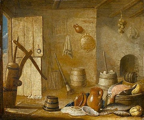 A Kitchen Interior With Dead Fish, An Earthenware Jug And Dishes Before A Fireplace Oil Painting by Harmen Steenwyck