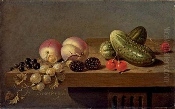 Peaches, Gherkins, Blackberries, Cherries, Gooseberries And Blackcurrants On A Stone Ledge Oil Painting by Harmen Steenwyck