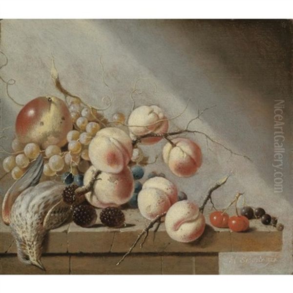 Still Life Of Peaches, An Apple, Grapes, Blackberries, Cherries And Blackcurrants, Together With A Bird, All On A Stone Ledge Oil Painting by Harmen Steenwyck