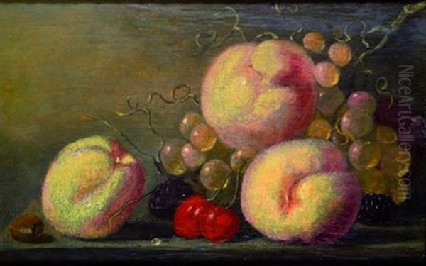 Nature Morte De Peches, Raisins Et Cerises Sur Un Entablement Oil Painting by Harmen Steenwyck