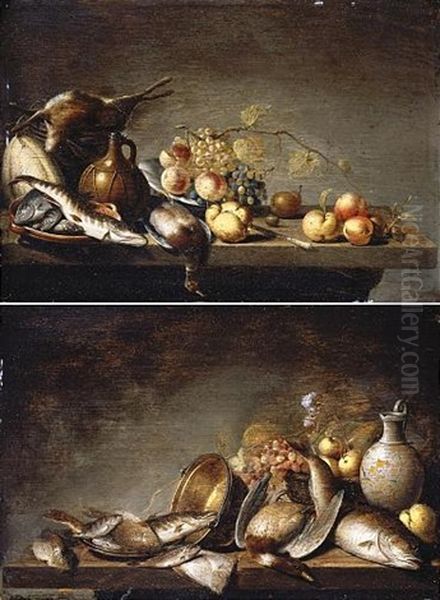 Still Lifes With Fruit, Fish And Dead Game Arranged On Table-tops (pair) Oil Painting by Harmen Steenwyck