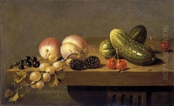 Still Life With Gherkins, Cherries, Peaches, Logan Berries And Gooseberries Together With Blackcurrants On A Wooden Table Oil Painting by Harmen Steenwyck