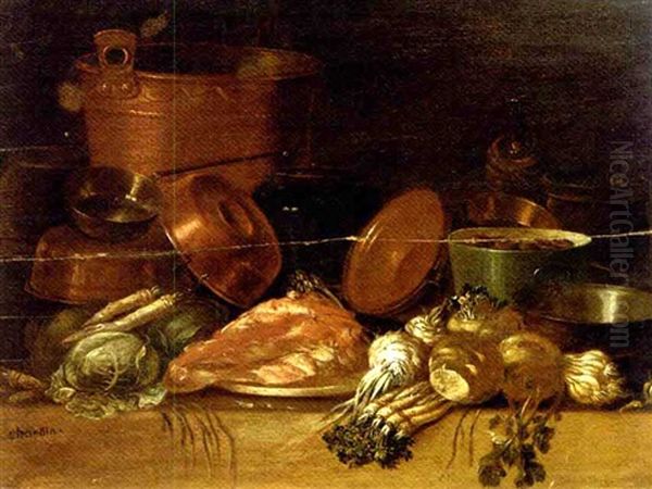 Copper Pots And Pans, Onions, Asparagus, Cabbage And A Pig's Head On A Table (+ Copper Pots And Pans, Parsnips, Turnips, Cabbage And Meat On A Table; Pair) Oil Painting by Pieter van Steenwyck