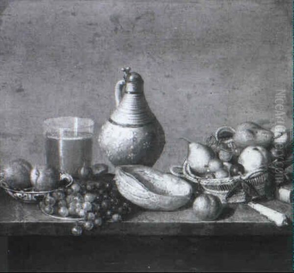 Still Life With Stoneware Jug, A Beer Glass, Apples... Oil Painting by Pieter van Steenwyck