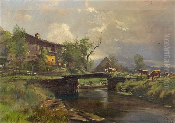 Brucke Mit Kuhen Bei Oberaudorf Oil Painting by Arnold Steffan