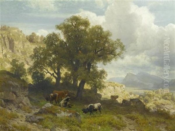 Kuhe In Einer Weiten Landschaft Oil Painting by Arnold Steffan