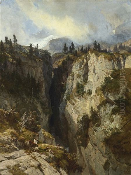 Felsschlucht Bei Rosenlaui Oil Painting by Johann Gottfried Steffan