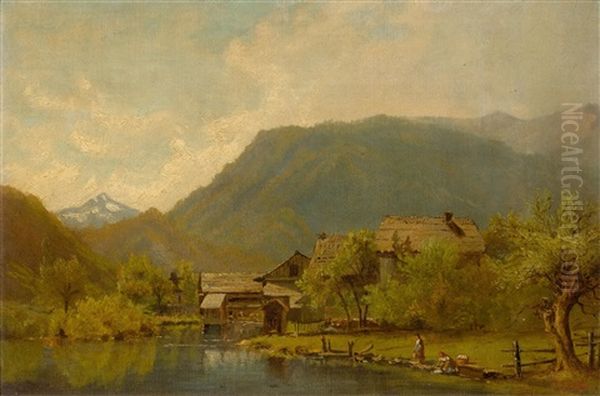 Washerwomen At Lake Brienz Oil Painting by Johann Gottfried Steffan