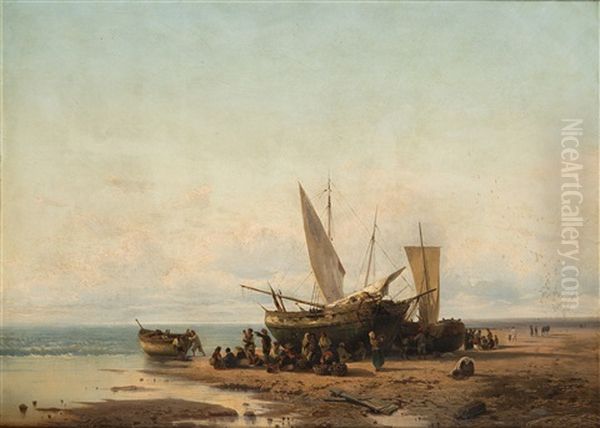 Paesaggio Nordico Con Pescatori Oil Painting by Luigi Steffani