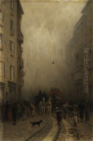 L'incendio Sul Corso (nebbia Sul Corso) Oil Painting by Luigi Steffani