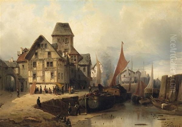 Geschaftiges Treiben Im Hafen Einer Kleinen Stadt Oil Painting by Luigi Steffani