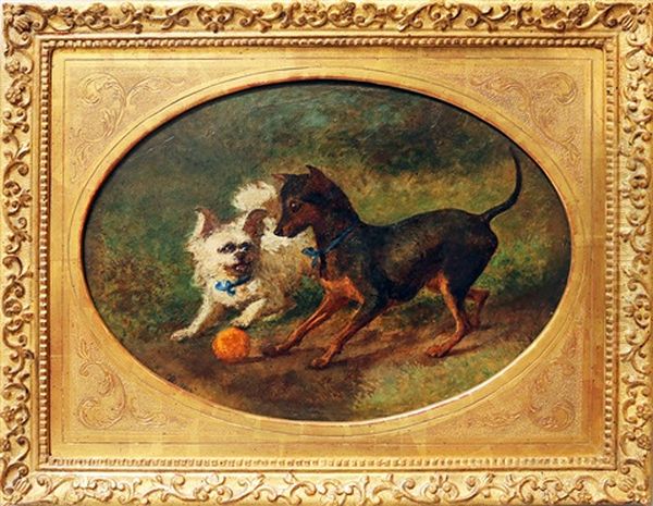 Zwei Mit Ball Spielende Hunde Oil Painting by Carl Constantin Steffeck