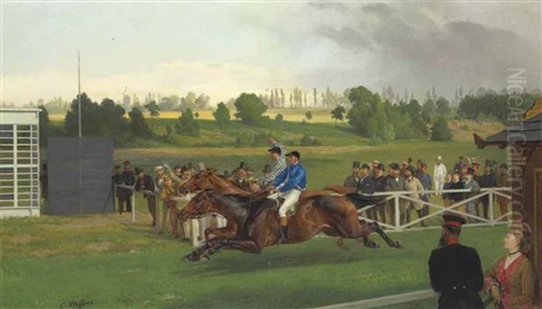 The Finish, Hoppegarten, Berlin Oil Painting by Carl Constantin Steffeck