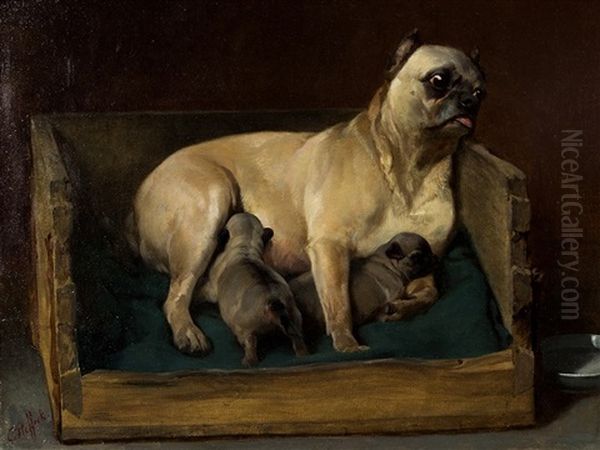 Pug Lady With Puppies Oil Painting by Carl Constantin Steffeck