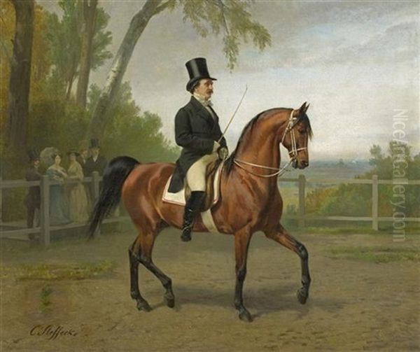 Eleganter Reiter Auf Braunem Pferd Oil Painting by Carl Constantin Steffeck