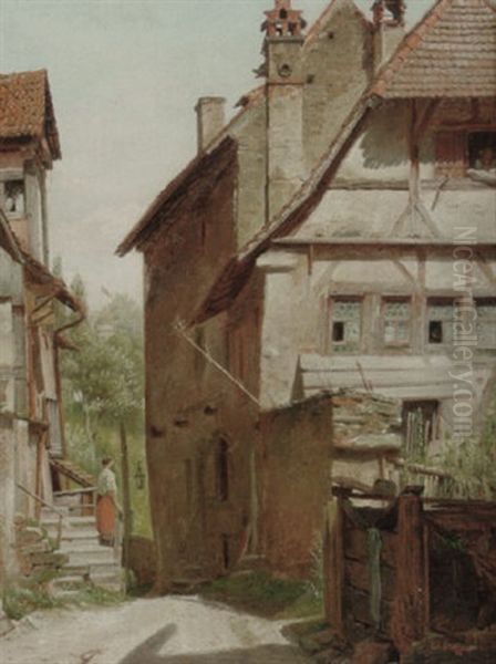 Byprospekt Fra Uberlingen Med Pige Med Rod Nederdel Pa En Trappe Oil Painting by Eduard Steffen