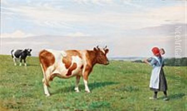 A Farm Girl Tending Cows In A Field Oil Painting by Poul Steffensen