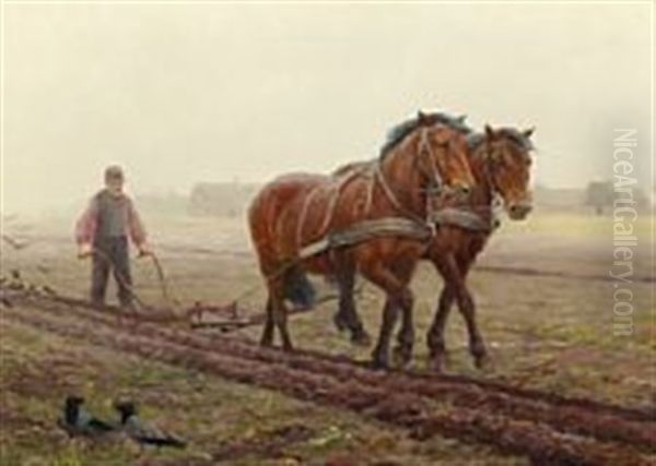 A Plowman With His Horses Oil Painting by Poul Steffensen