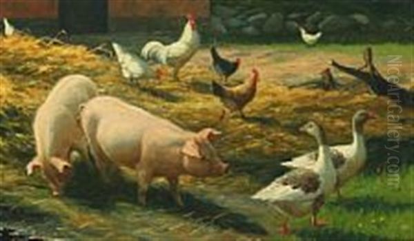 Farm House Exterior With Pigs, Geese And Hens Oil Painting by Poul Steffensen