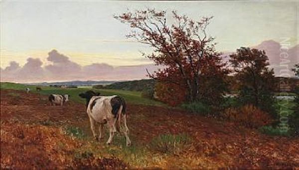 Cows In The Field At Sunset Oil Painting by Poul Steffensen